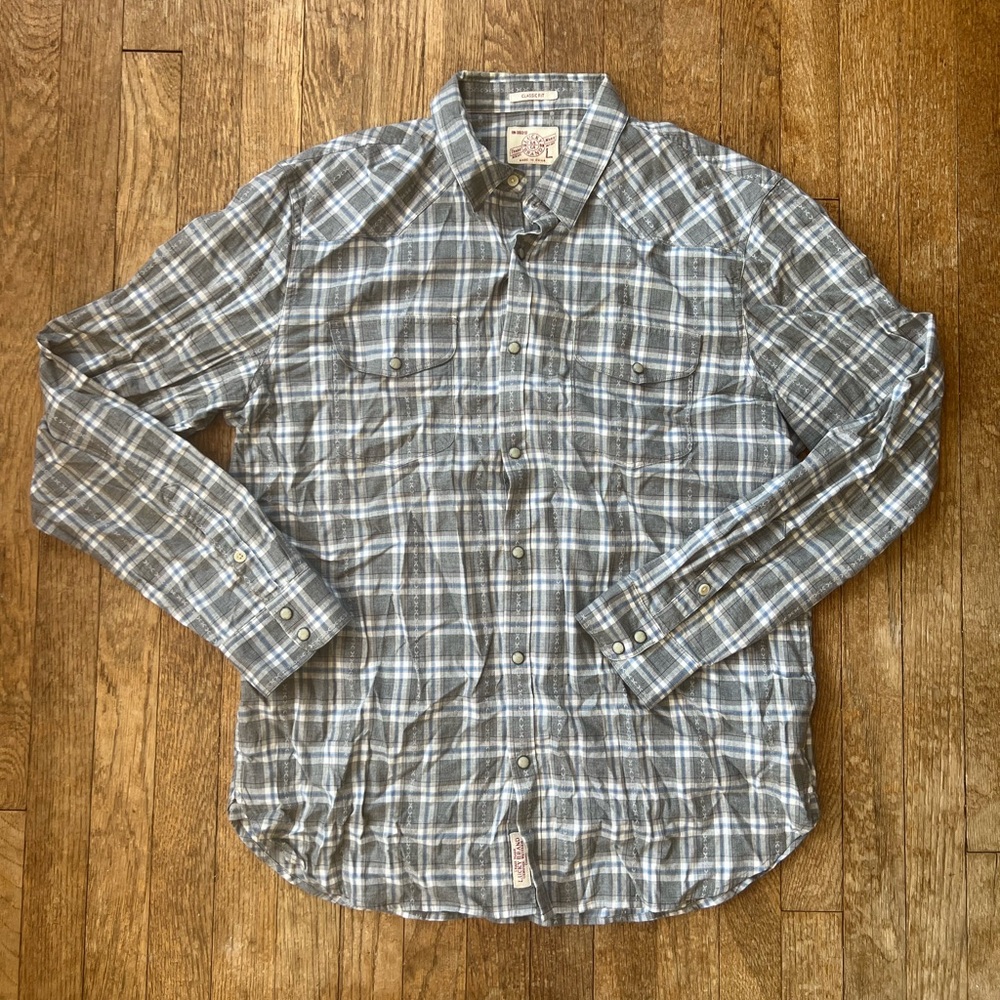 Lucky Brand Shirt Men’s Size Large Grey and White Plaid Snap Button Up